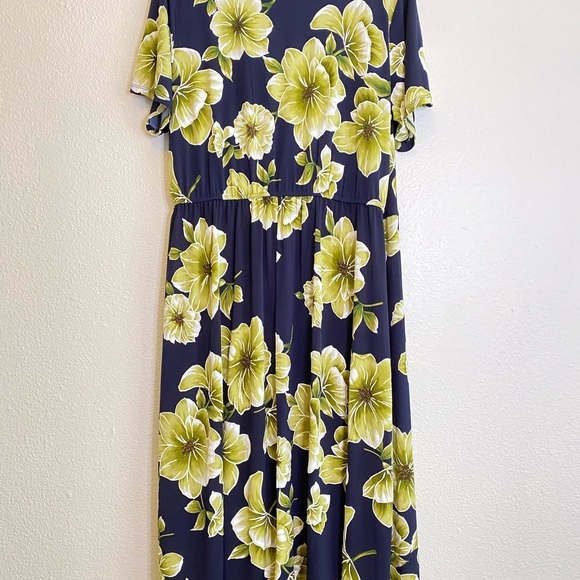 Navy Blue Tropical Floral‎ Mock Wrap Midi Dress 1X Vacation Brunch Special Event - Picture 7 of 10
